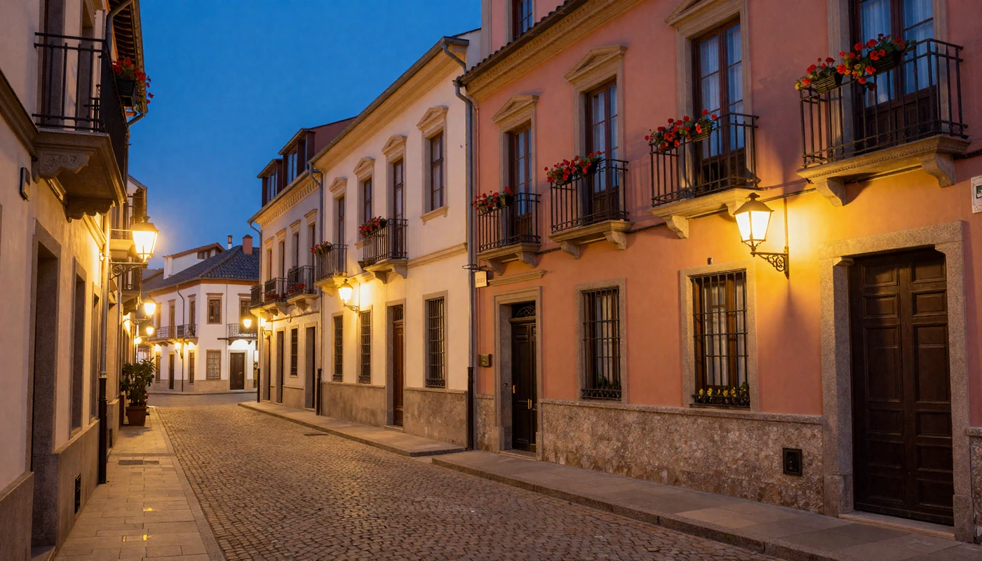Charming European city street at golden hour with warm lantern light and flower-covered balconies