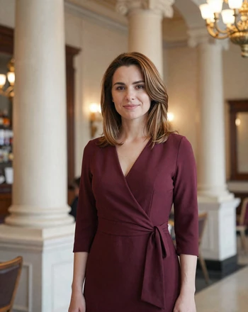 Nora, 30, Austrian woman from Vienna in a burgundy dress inside a grand Viennese cafe