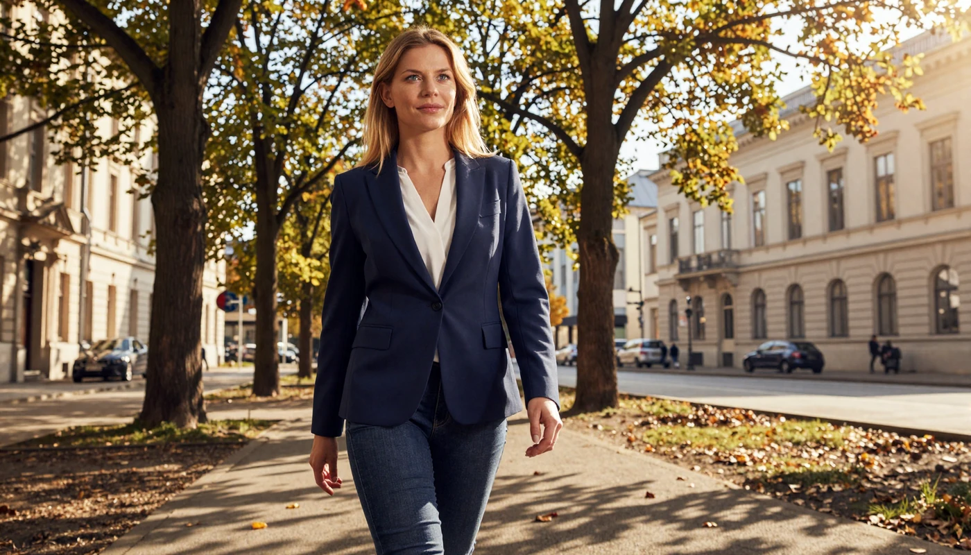 Confident German woman walking along a sunlit Berlin boulevard with neoclassical architecture