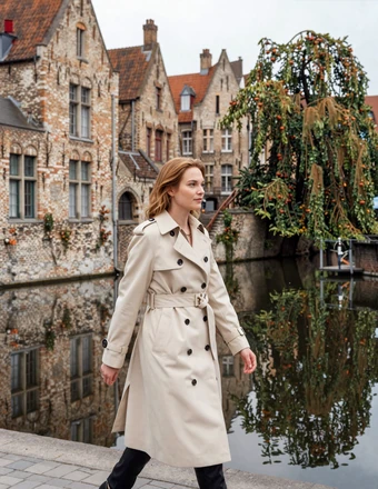Stylish Belgian woman walking along a picturesque canal in Bruges