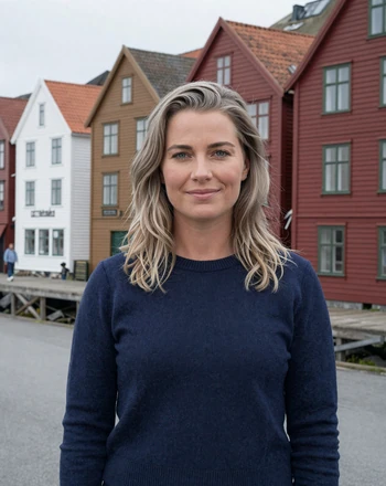 Astrid, 32, Norwegian woman from Bergen in front of colorful Bryggen wharf houses