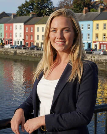 Niamh, 32, Irish woman from Cork leaning on a railing along the River Lee with colorful riverside buildings
