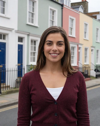 Emma, 26, British woman from Bristol smiling on a street with colorful Victorian houses
