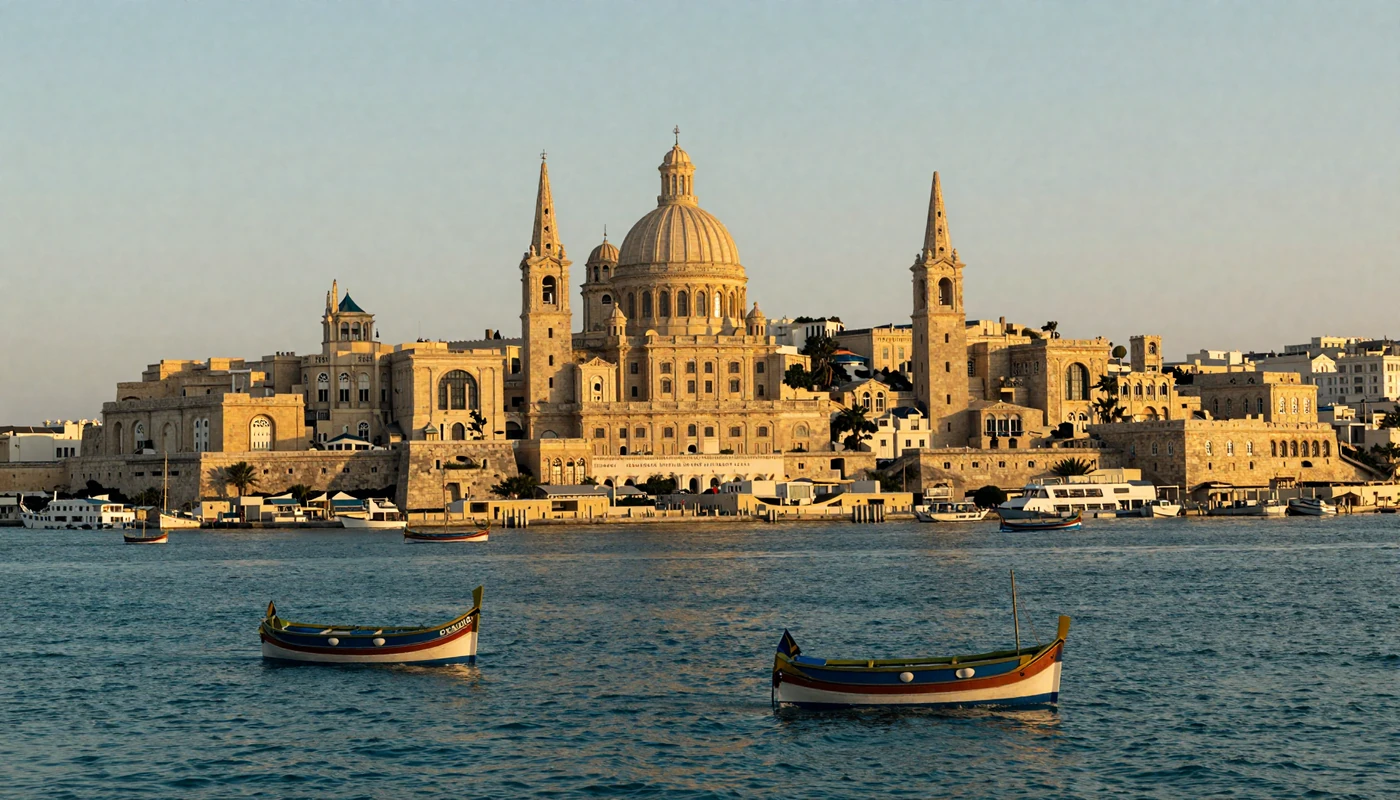 Panoramic view of Valletta Grand Harbour Malta at golden hour with honey-colored limestone buildings and turquoise Mediterranean water
