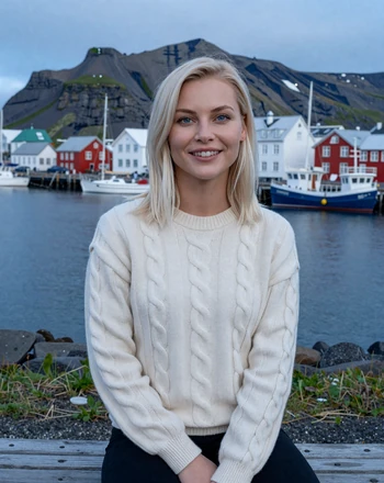 Katrín, 27, Icelandic woman from Reykjavik at the old harbor with Mount Esja across the bay