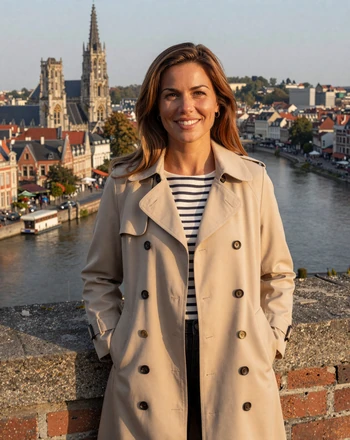 Charlotte, 35, Belgian woman from Namur at the citadel overlook with Meuse river valley behind