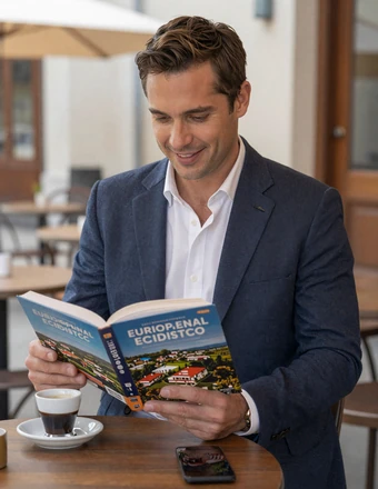 American man reading a European travel guide at an outdoor cafe while preparing for a date