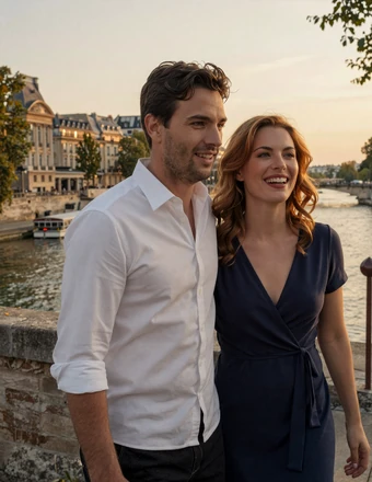 American man and French woman walking together on a Parisian bridge at golden sunset