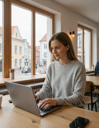 Estonian woman working on laptop at a cozy minimalist Tallinn coffee shop with medieval Old Town view