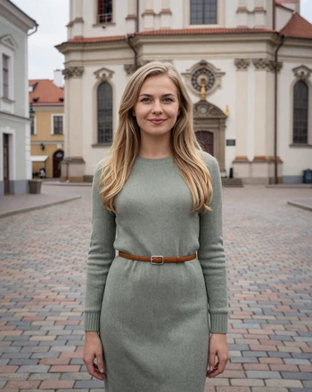 Agnė, 26, Lithuanian woman from Vilnius smiling on a cobblestone street near a Baroque church
