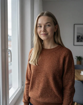 Sigrid, 28, Norwegian woman from Oslo with warm smile near a window in cozy Scandinavian apartment