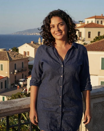 Nikoleta, 35, Greek woman from Corfu on a balcony with Venetian architecture and the Ionian Sea