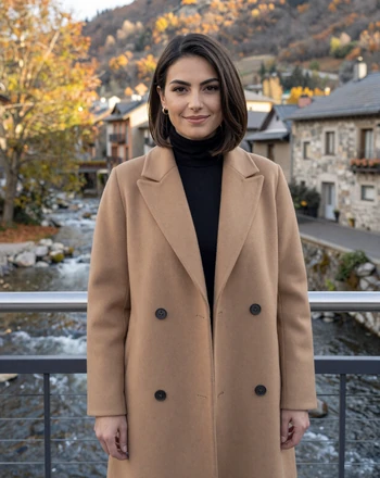 Èlia, 36, Andorran woman on a bridge in Sant Julià de Lòria with autumn trees and stone buildings