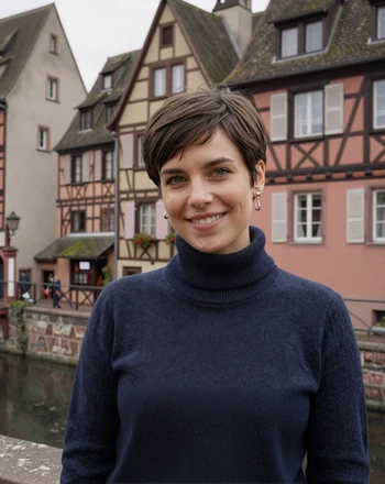 Inès, 27, French woman from Strasbourg near colorful Alsatian half-timbered houses