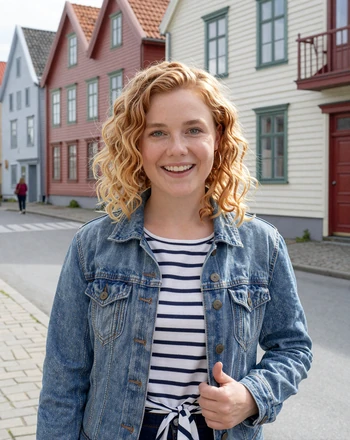 Solveig, 26, Norwegian woman from Ålesund standing on an Art Nouveau street with colorful buildings