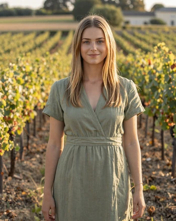 Chloé, 26, French woman from Bordeaux in a sunlit vineyard setting