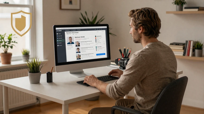 American man safely browsing verified dating profiles on his computer in a well-lit home office