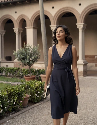 Italian woman walking through a sunlit cloister garden in Rome carrying books with arched stone columns