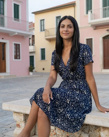 Maria, 29, Cypriot woman from Limassol sitting on a stone bench in the old town with pastel Mediterranean buildings