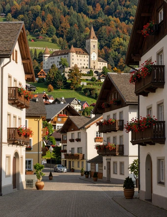 Charming Vaduz village center with traditional Alpine architecture and Vaduz Castle on the hillside above