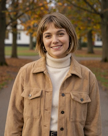 Sofie, 26, Danish woman from Odense smiling in an autumn park near the Hans Christian Andersen museum