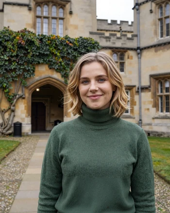 Isabelle, 28, British woman from Oxford with genuine smile in a university courtyard