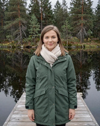 Venla, 29, Finnish woman from Jyväskylä standing on a lakeside dock with pine forest reflections