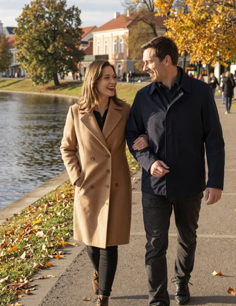 Happy American-Lithuanian couple walking along the Neris River in Vilnius during autumn with golden leaves