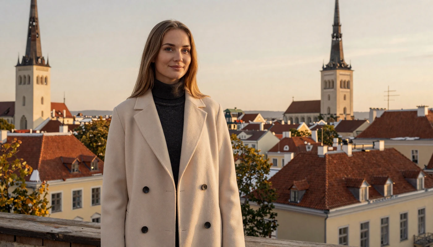 Elegant Estonian woman at Tallinn Old Town overlook with medieval spires and red rooftops at golden hour