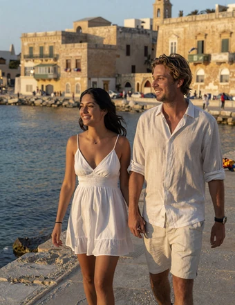 Happy American-Maltese couple walking along a waterfront at sunset with limestone buildings and Mediterranean Sea