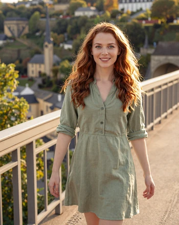 Léa, 27, Luxembourg woman walking along Adolphe Bridge in Luxembourg City with the Petrusse Valley behind her