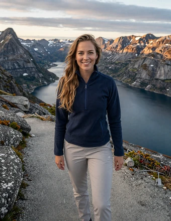 Norwegian woman smiling on a mountain trail overlooking a fjord during golden hour