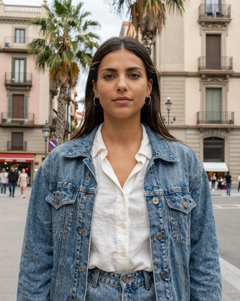 María, 31, Spanish woman from Barcelona on a Modernista street with palm trees