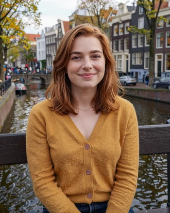 Fleur, 26, Dutch woman from Utrecht relaxing by a tree-lined canal