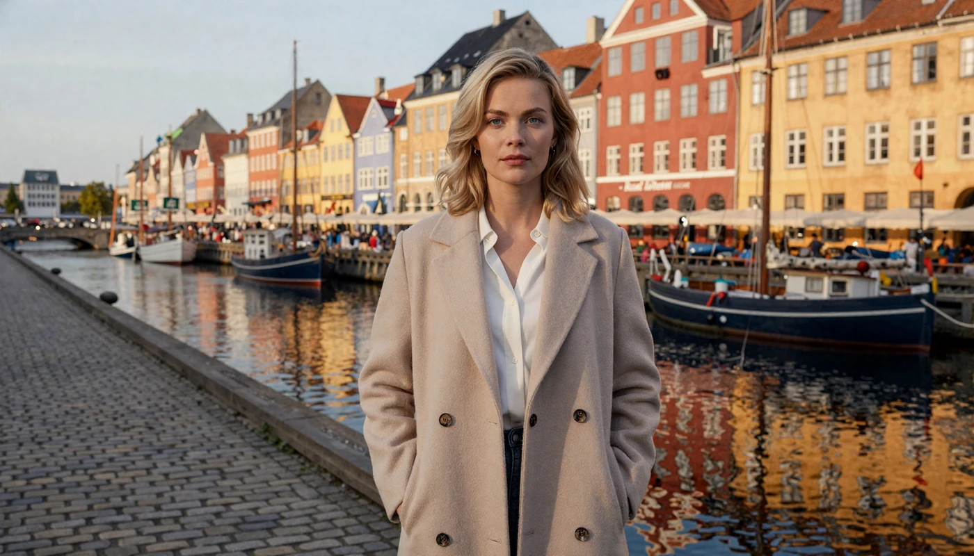 Beautiful Danish woman standing along the colorful Nyhavn waterfront in Copenhagen at golden hour