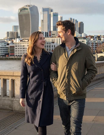 Happy American-British couple walking along London South Bank during golden hour