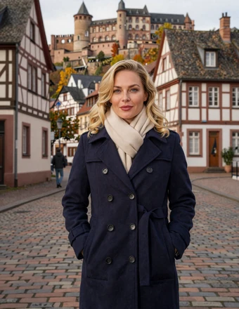 Stylish German woman standing on a cobblestone street in Heidelberg with castle in background