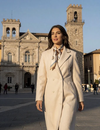 Stylish San Marinese woman walking through Piazza della Liberta with Palazzo Pubblico and medieval tower behind