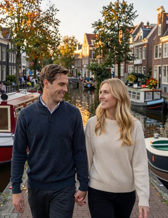 Happy American-Dutch couple walking hand in hand along a scenic Netherlands canal at sunset
