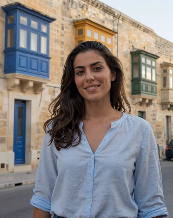 Maria, 28, Maltese woman from Valletta standing on a street with colorful traditional balconies