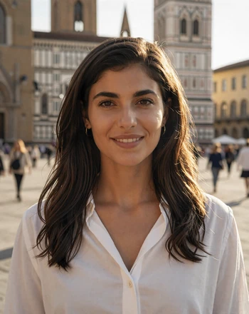 Alessia, 28, Italian woman from Florence smiling warmly in a sunlit Renaissance piazza