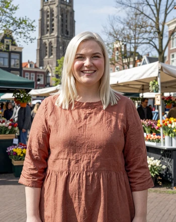 Roos, 30, Dutch woman smiling in Haarlem market square with church tower behind