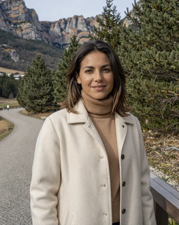 Montserrat, 34, Andorran woman from La Massana on a scenic mountain path with pine forests and peaks