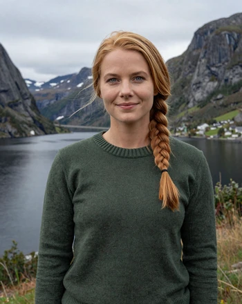 Ingrid, 33, Norwegian woman from Bergen near fjord landscape with natural smile