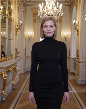 Theresa, 31, Austrian woman from Vienna inside an ornate palace hallway with gilded mirrors