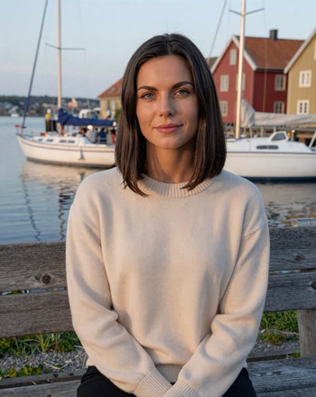 Thea, 31, Norwegian woman from Kristiansand sitting at a harbor with sailboats behind her