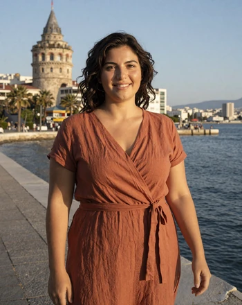 Dimitra, 31, Greek woman from Thessaloniki on the waterfront promenade with the White Tower behind