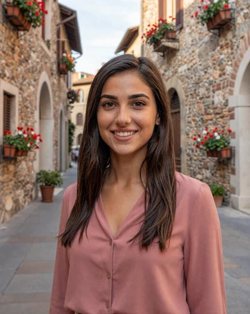 Sofia, 26, Italian woman from Verona smiling in charming medieval streets with flower boxes