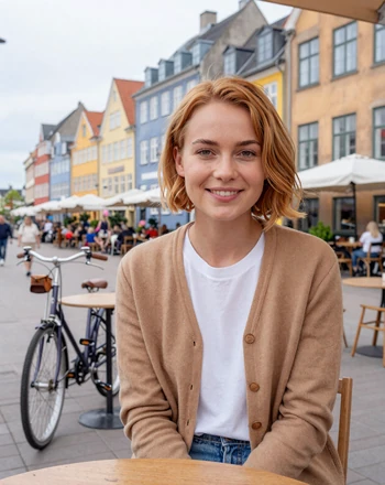 Freya, 26, Danish woman from Copenhagen with playful smile at an outdoor cafe near colorful buildings