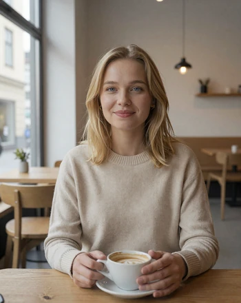 Ebba, 27, Swedish woman from Stockholm sitting at a minimalist cafe with warm natural smile